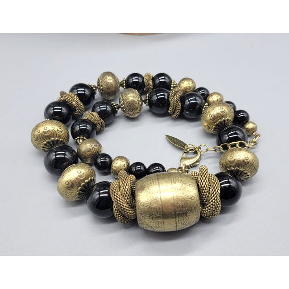 Coldwater Creek Bulky Black Gold Tone Round Beaded Statement Necklace N1E - Picture 5 of 5